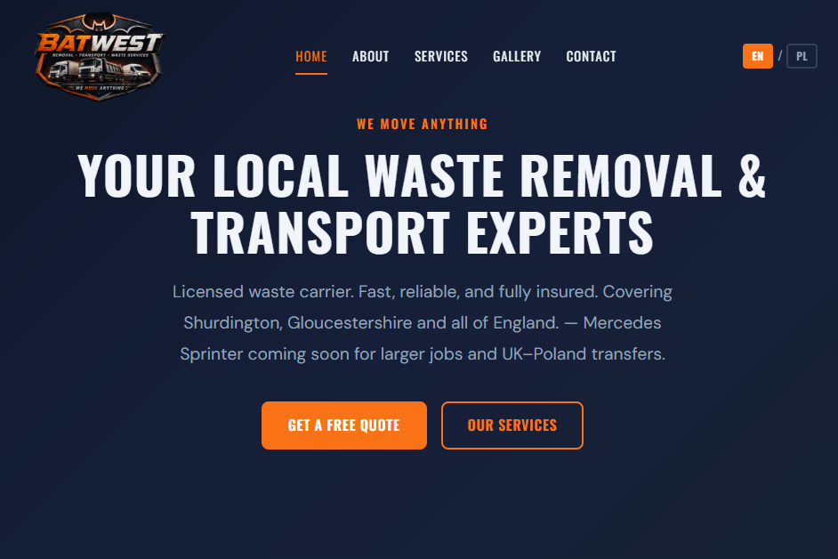 BatWest Waste Removal — custom website design for a Kent waste removal and transport business by K.T Designs