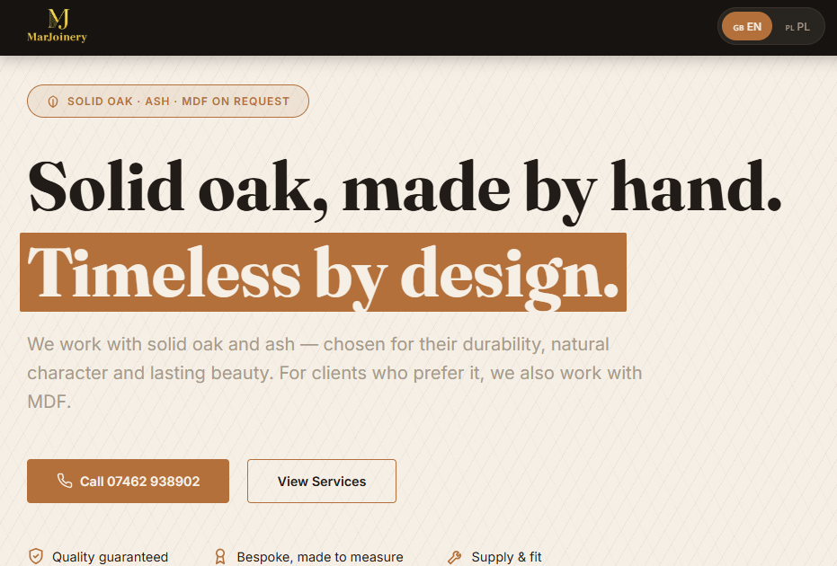 MarJoinery — portfolio and gallery website for a bespoke oak joinery company built by K.T Designs