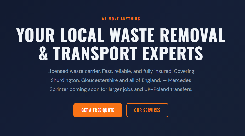 Screenshot of the BatWest Waste Removal & Transport website homepage.