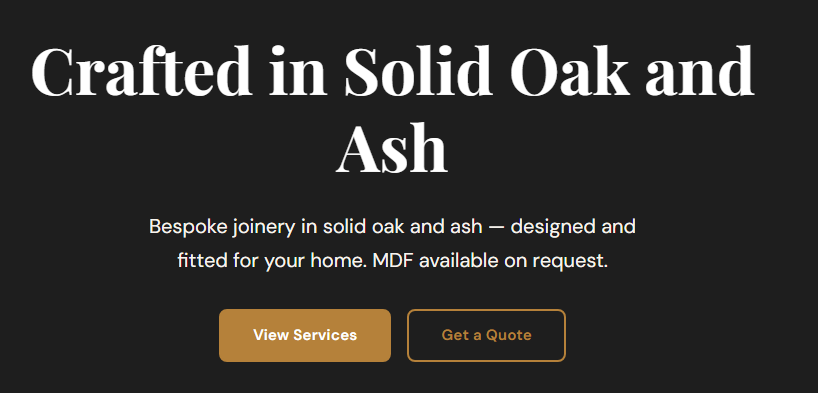 Screenshot of the MAR Joinery website homepage — bespoke oak and ash joinery.